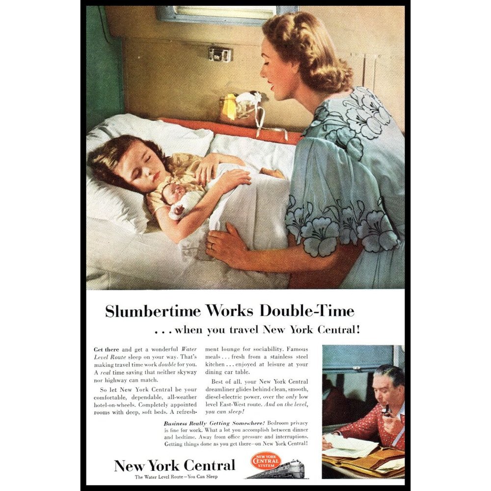 1953 New York Central Water Level Route Train Vintage Print Ad Little Girl Bed
